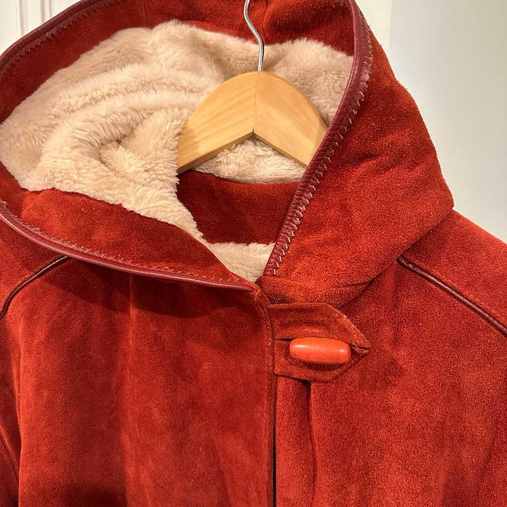 Vintage Sherpa suede leather hoodie burnt red/ora… - image 3