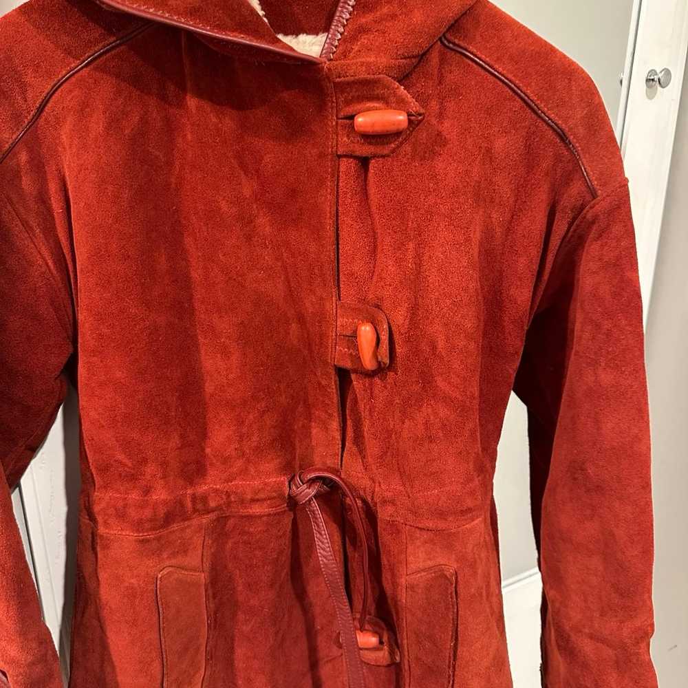 Vintage Sherpa suede leather hoodie burnt red/ora… - image 4