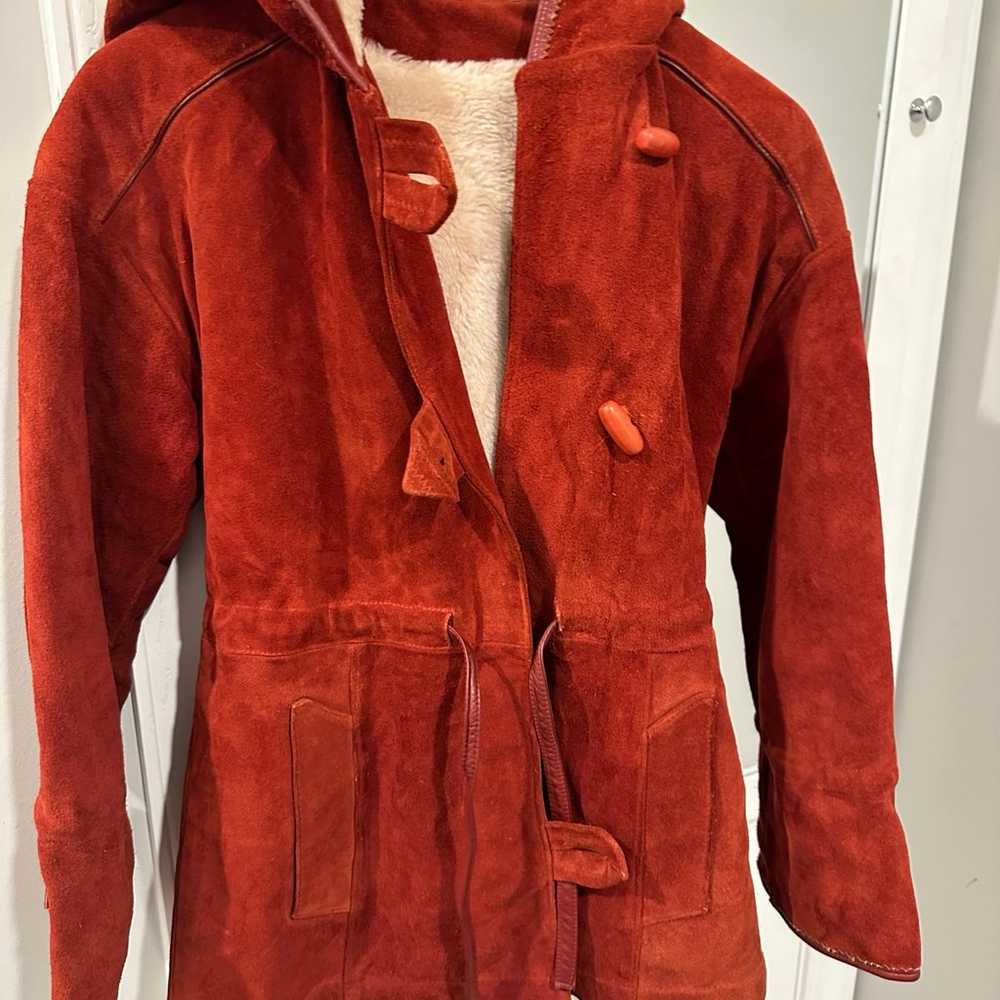 Vintage Sherpa suede leather hoodie burnt red/ora… - image 8