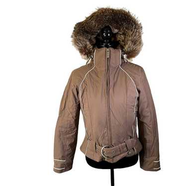 Nils Brown Belted Jacket with Faux Fur Hood Women… - image 1