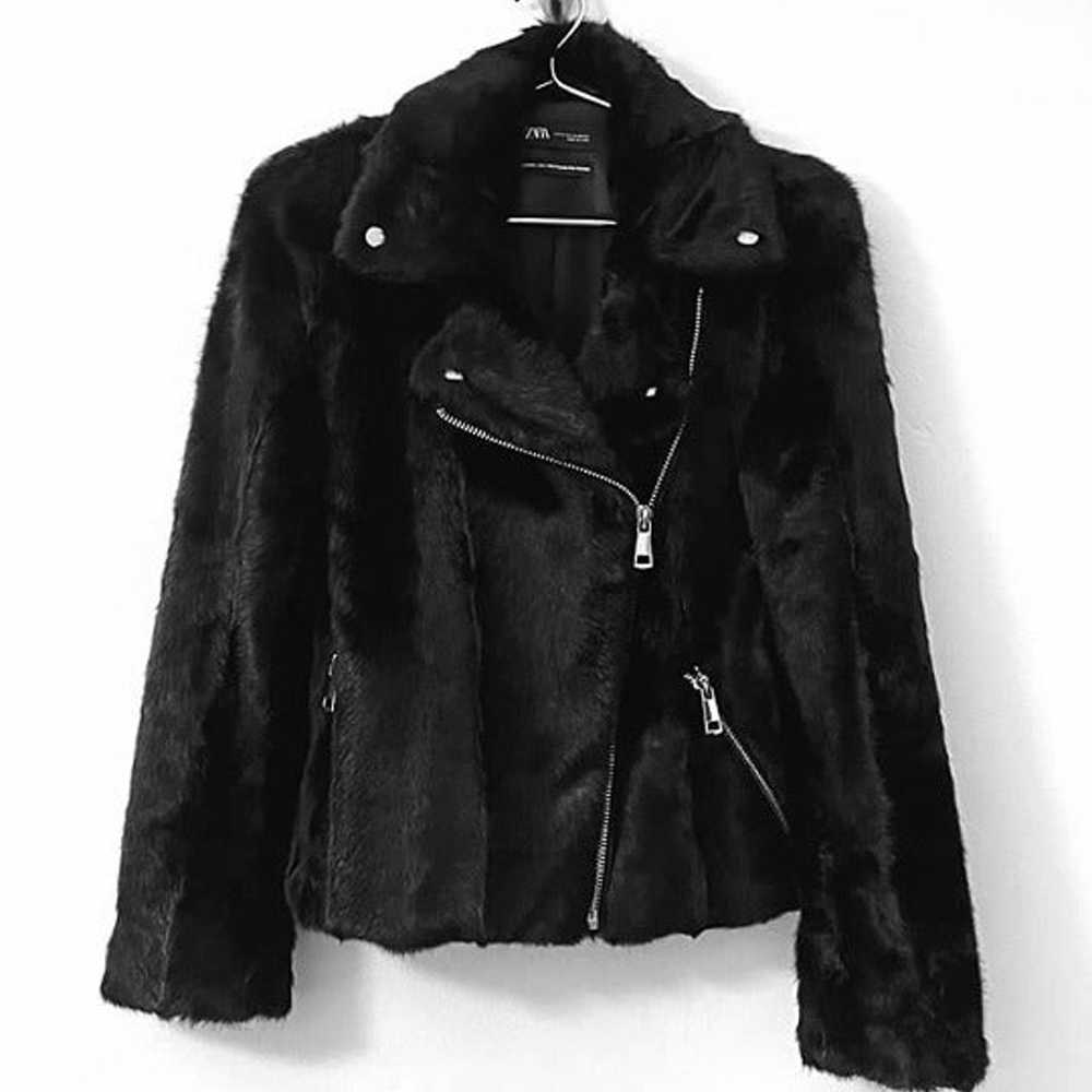 Zara Black Motorcycle Faux Fur Biker Zippered Jac… - image 1