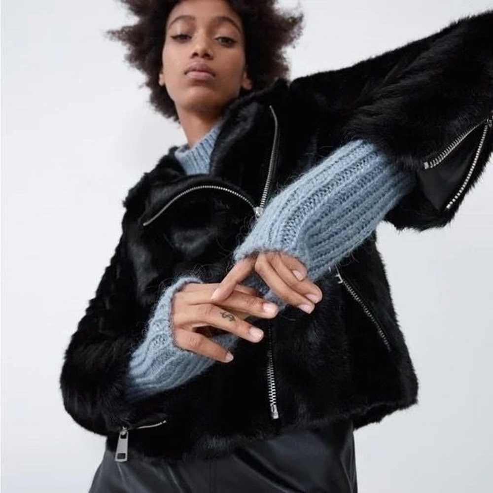 Zara Black Motorcycle Faux Fur Biker Zippered Jac… - image 3