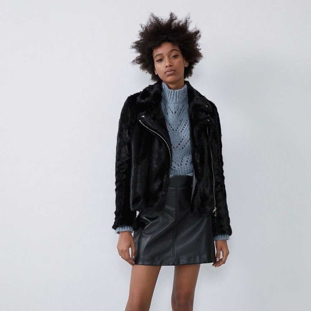 Zara Black Motorcycle Faux Fur Biker Zippered Jac… - image 6