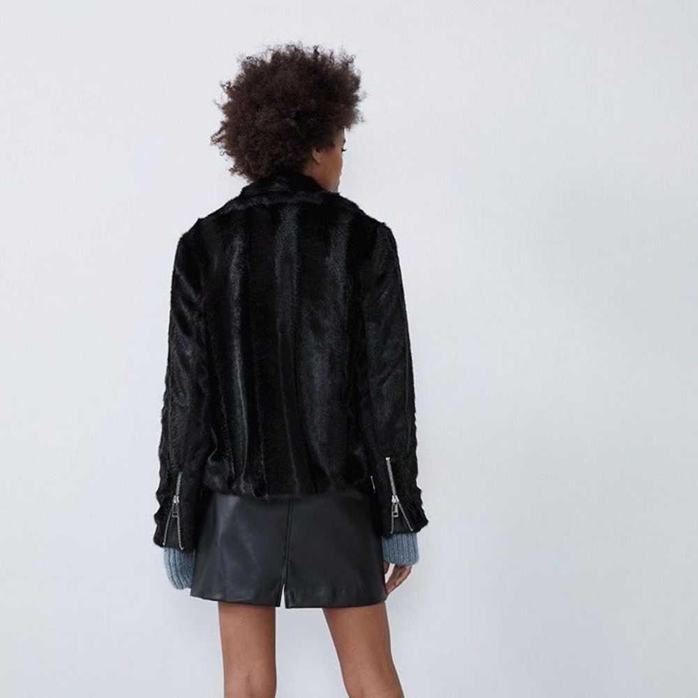 Zara Black Motorcycle Faux Fur Biker Zippered Jac… - image 7