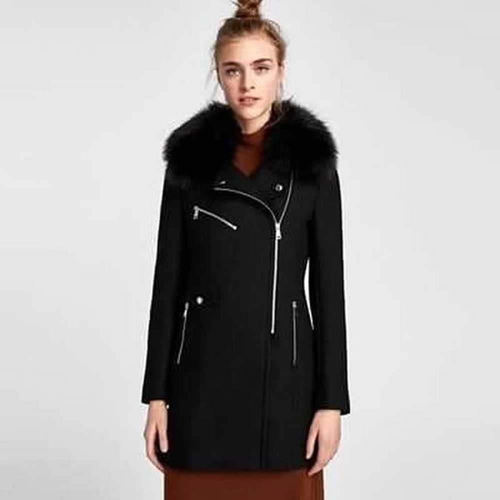 Zara Faux Fur Collar Zippered Biker Style Black W… - image 1