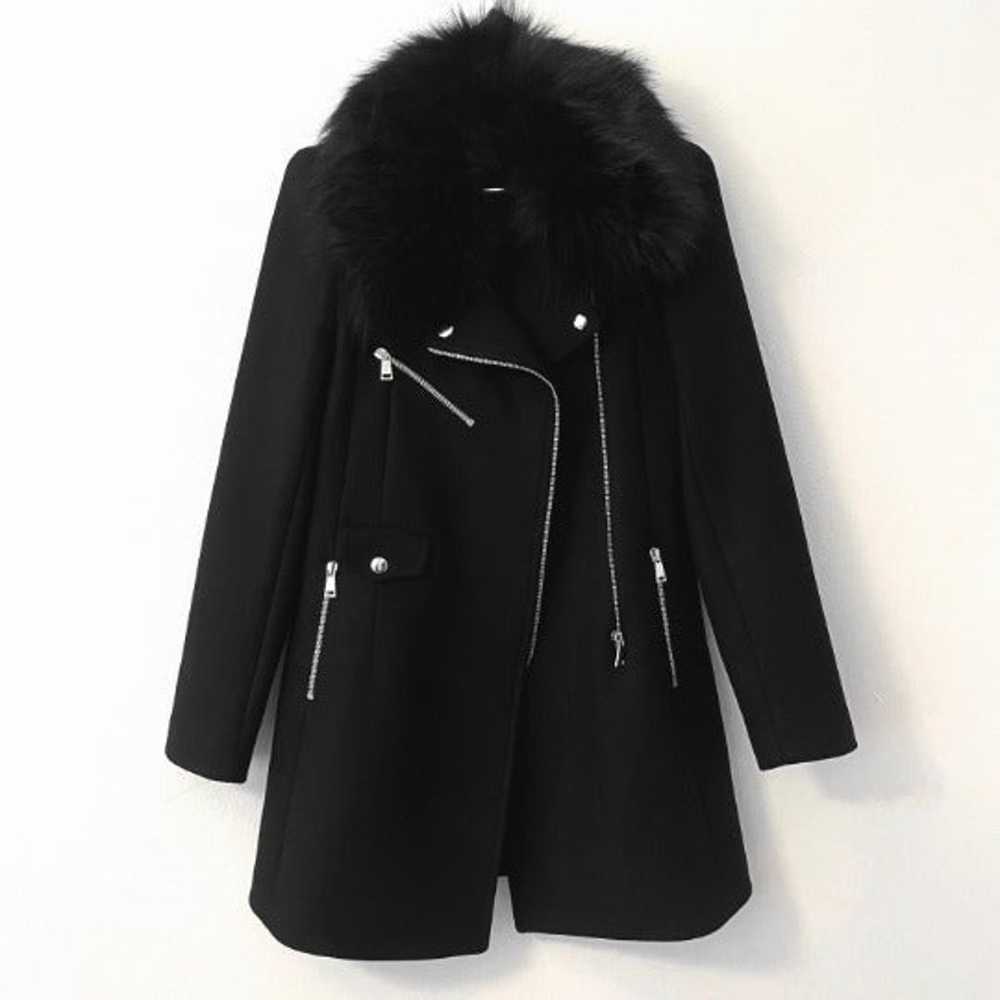 Zara Faux Fur Collar Zippered Biker Style Black W… - image 3