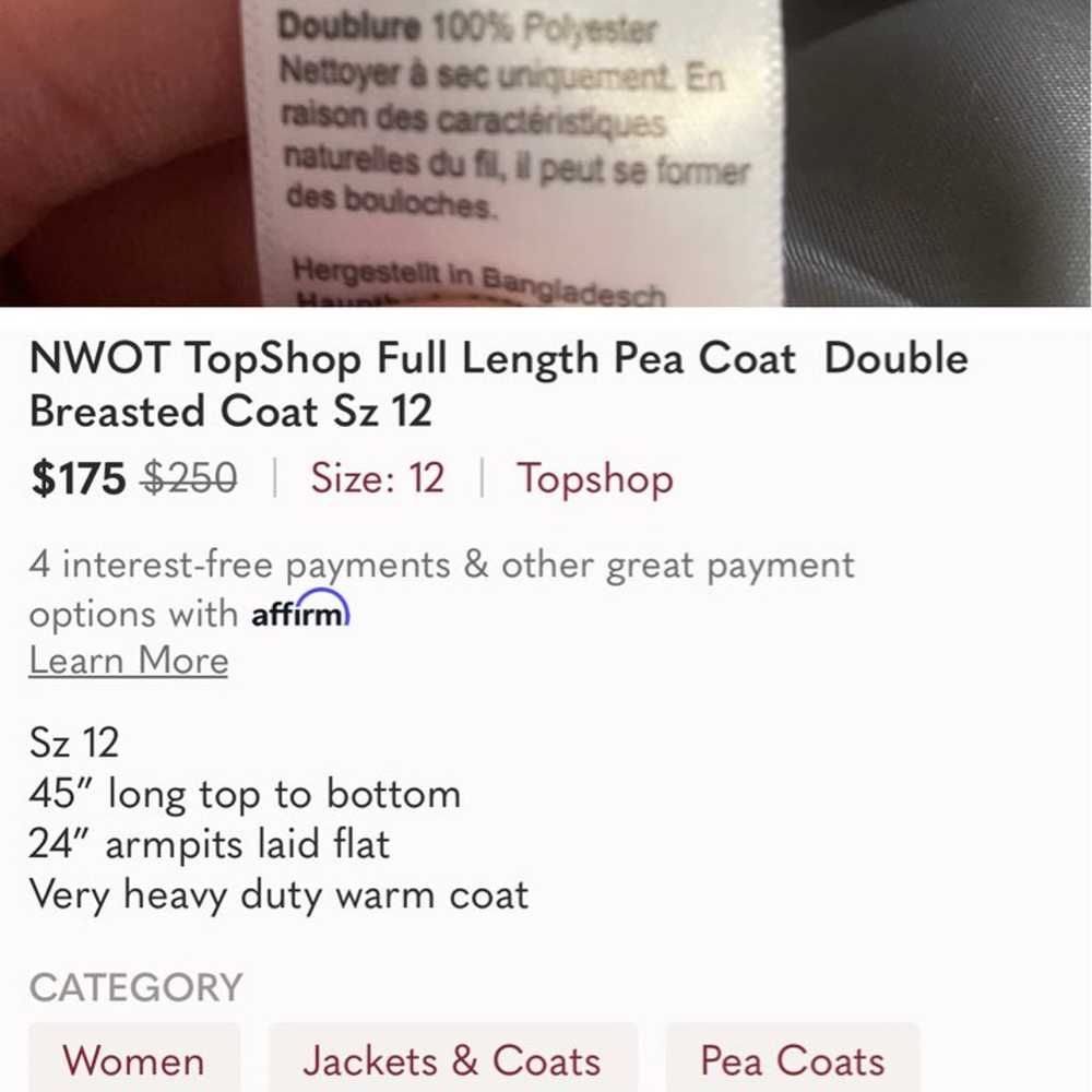 NWOT TopShop Full Length Pea Coat Jacket Sz 12 - image 12