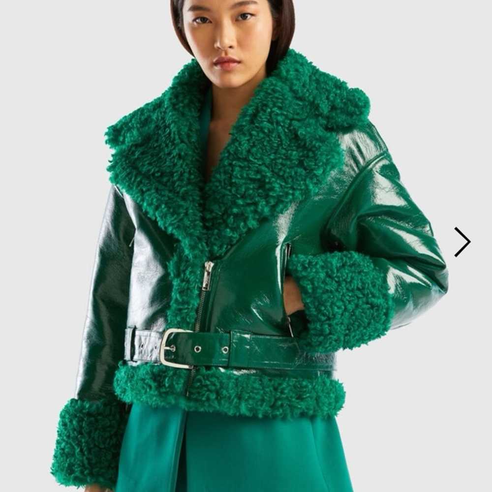 Green Fur Leather Jacket United Colors of Benetton - image 3