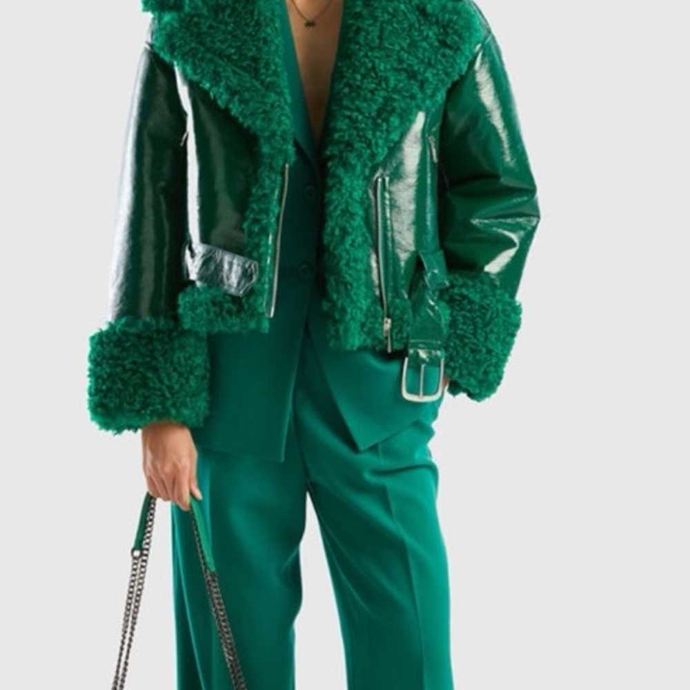 Green Fur Leather Jacket United Colors of Benetton - image 5