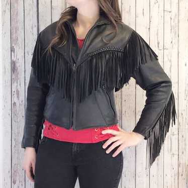 Vintage leather fringe jacket womens S