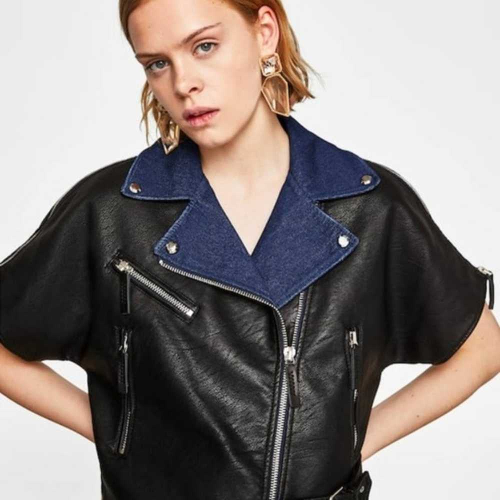 New Zara Contrasting Biker Faux Leather and Denim… - image 1