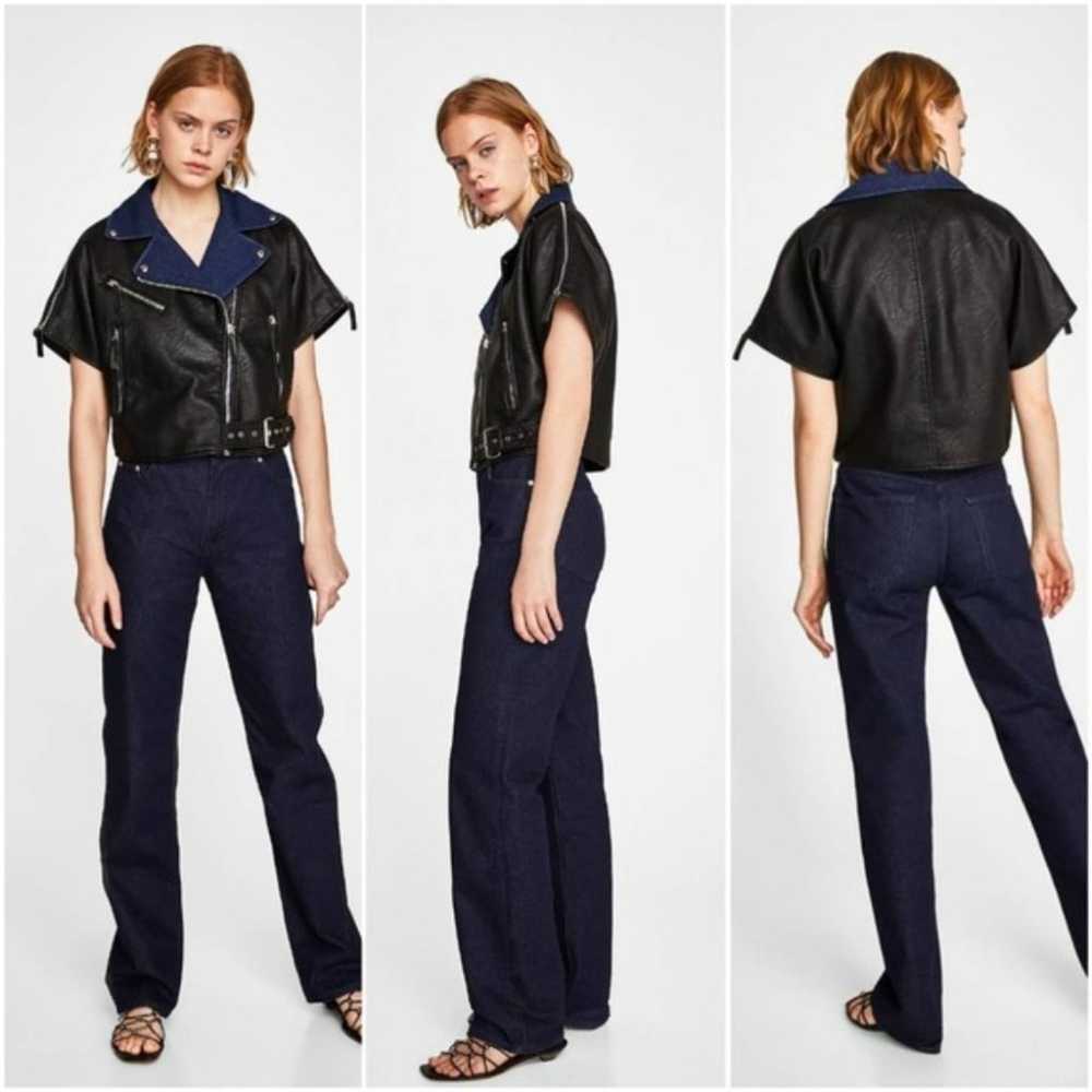 New Zara Contrasting Biker Faux Leather and Denim… - image 3
