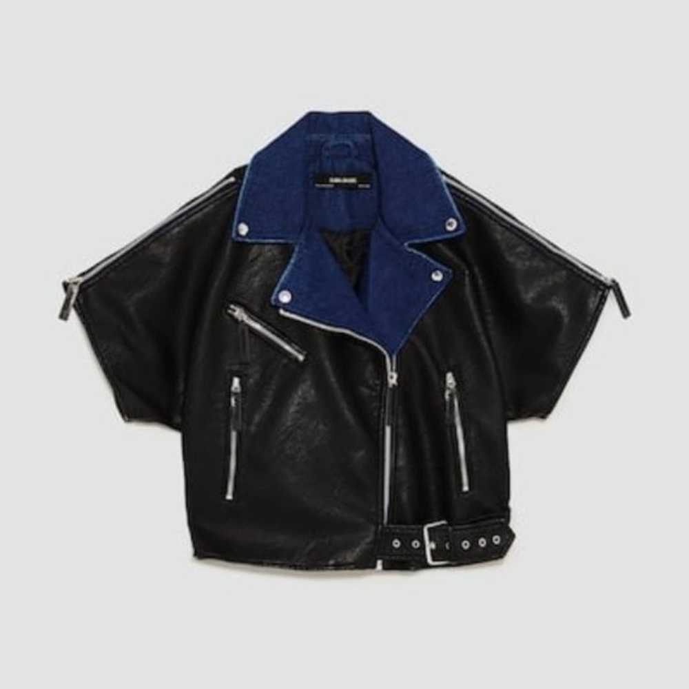 New Zara Contrasting Biker Faux Leather and Denim… - image 4