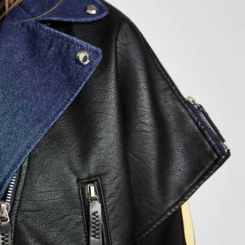 New Zara Contrasting Biker Faux Leather and Denim… - image 5