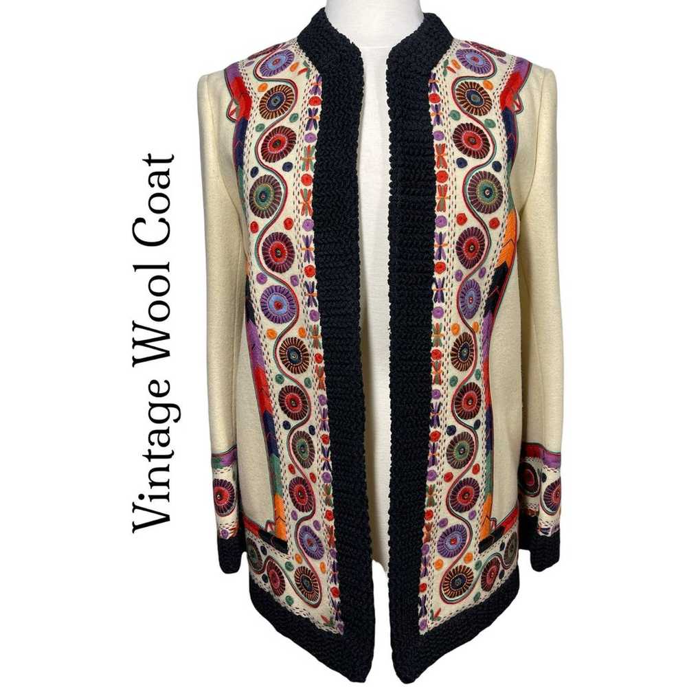 Vintage Lined Wool Coat Embroidered and Knit Scan… - image 1