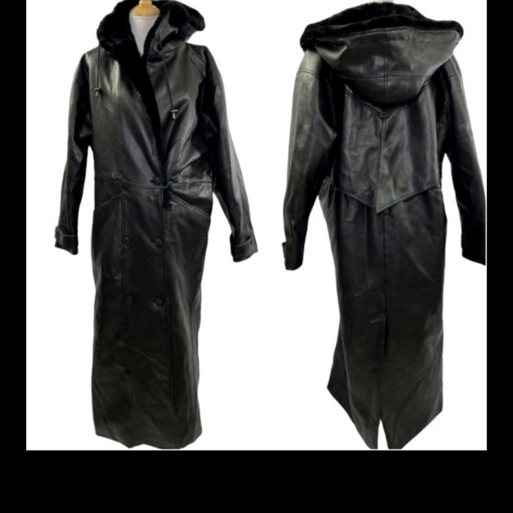 Vintage Black Vegan Leather Fur Lined Hooded Tren… - image 1