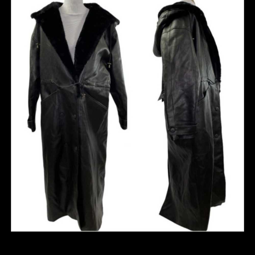 Vintage Black Vegan Leather Fur Lined Hooded Tren… - image 3