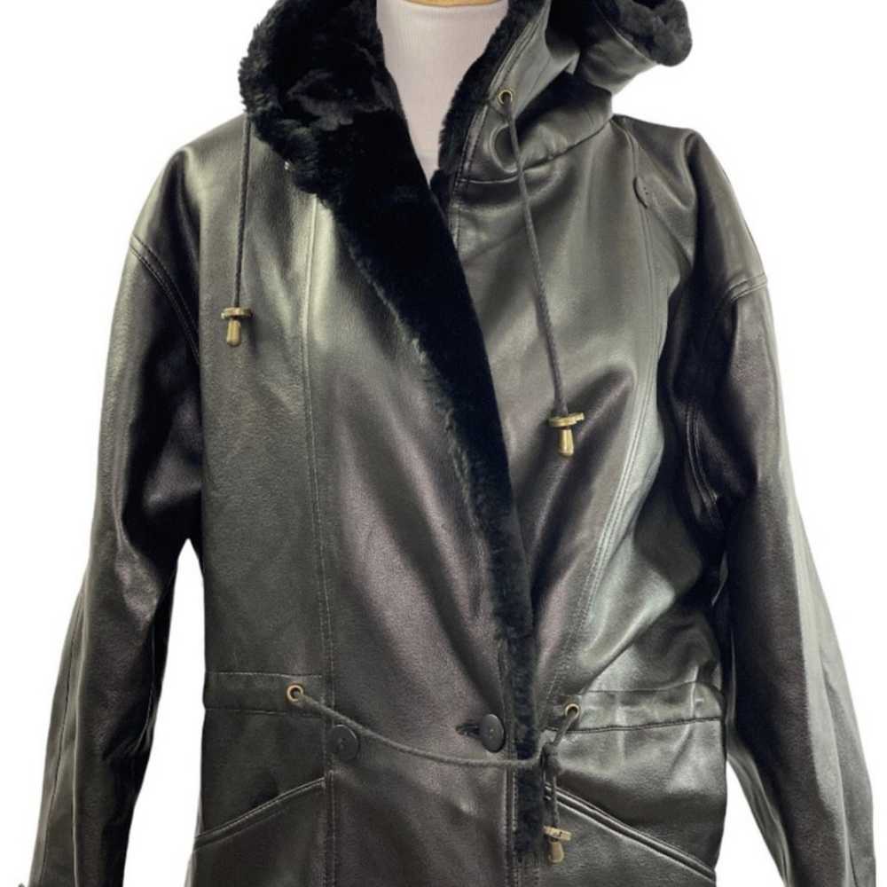 Vintage Black Vegan Leather Fur Lined Hooded Tren… - image 5