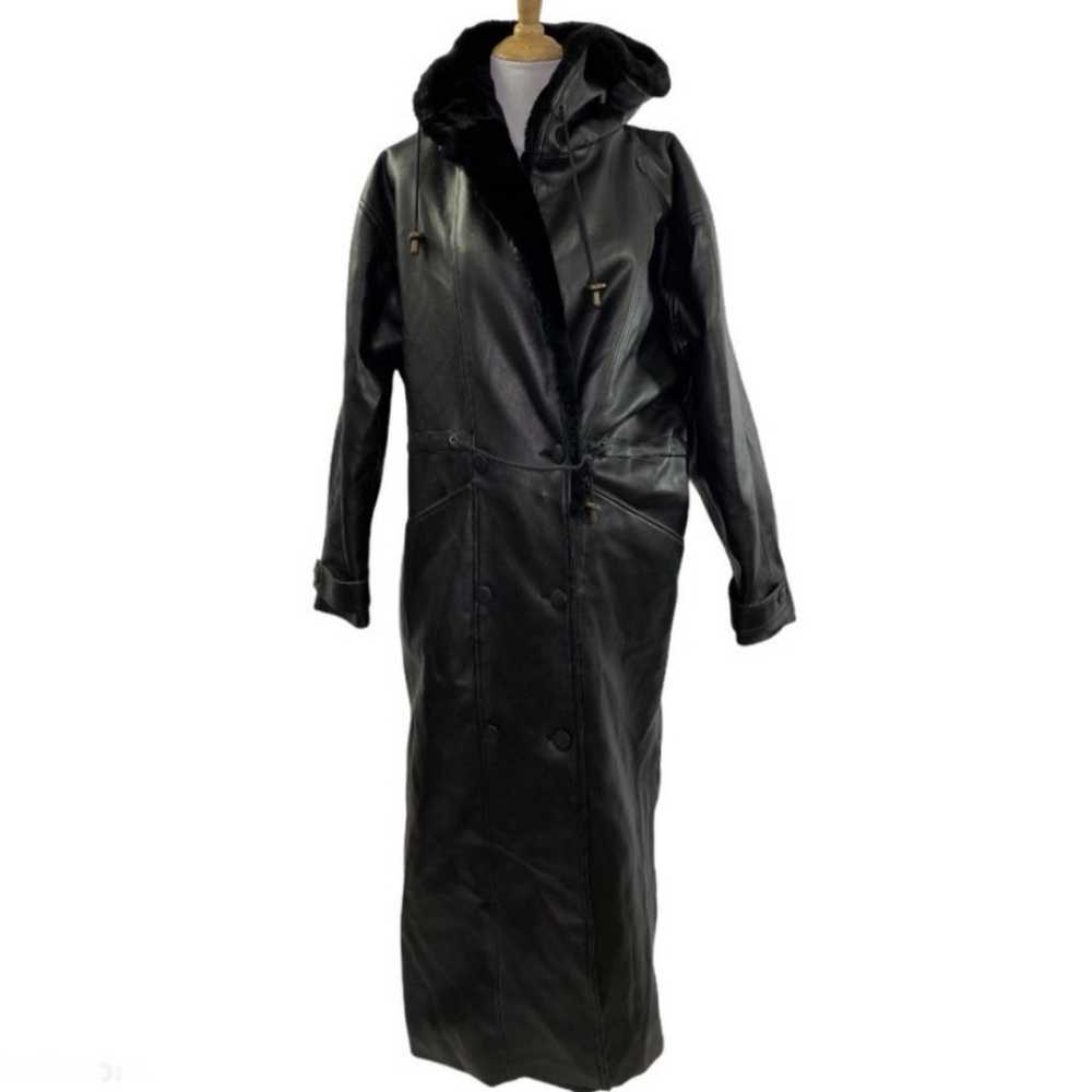 Vintage Black Vegan Leather Fur Lined Hooded Tren… - image 8