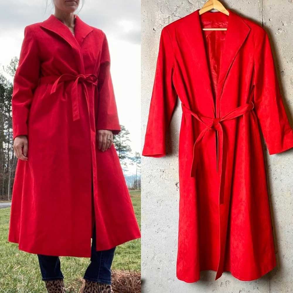 Vintage unbranded bright red suede long Trench Co… - image 1