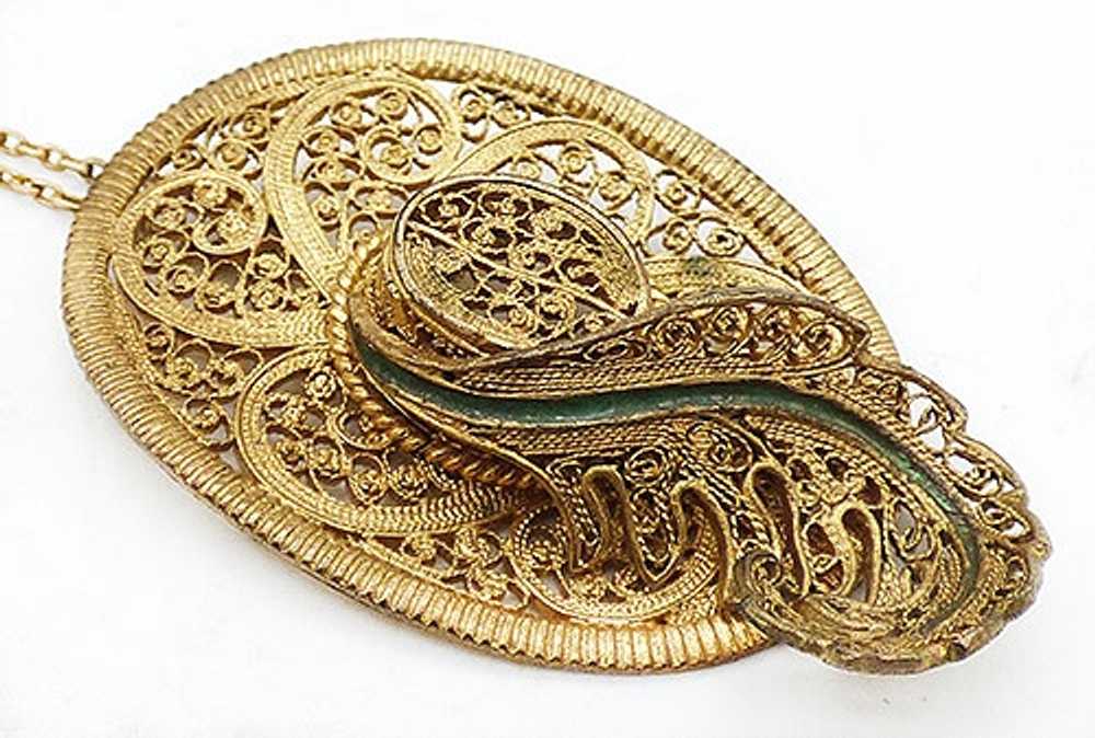 Gold Tone Filigree Feather Hat Pendant - image 2