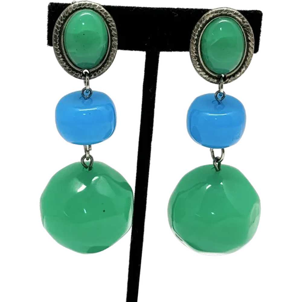 Vintage blue green glass dangle drop earrings - image 1