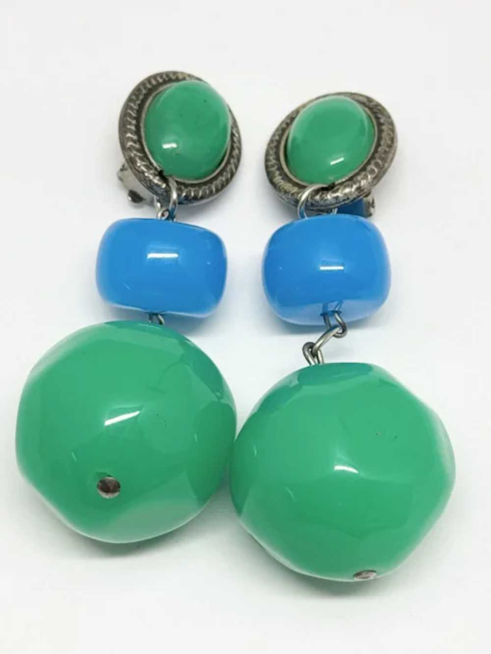 Vintage blue green glass dangle drop earrings - image 2