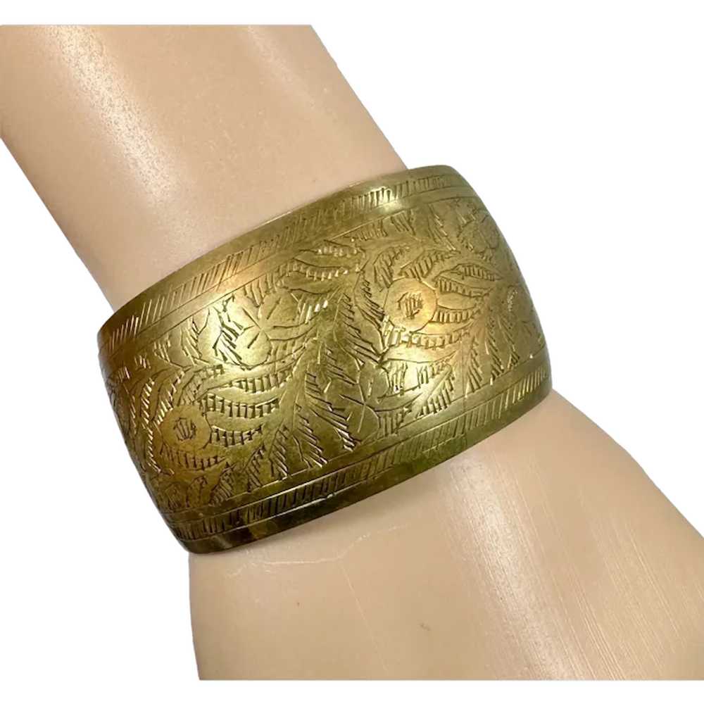 Brass Cuff, Etched, Leaf, Vintage Bracelet, India… - image 1