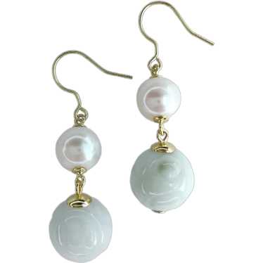 Carved Celadon Green Jade Freshwater Pearl Earrin… - image 1