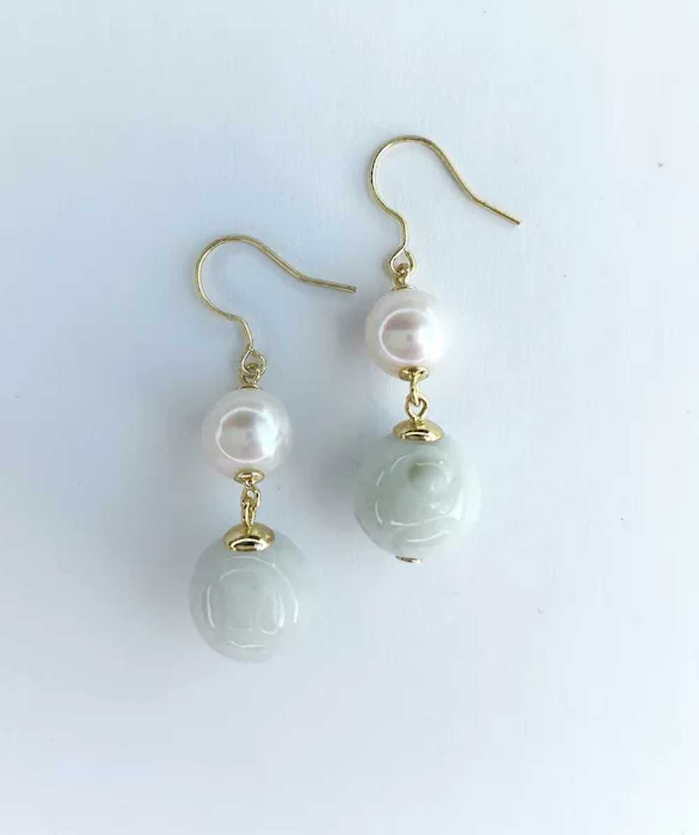 Carved Celadon Green Jade Freshwater Pearl Earrin… - image 3