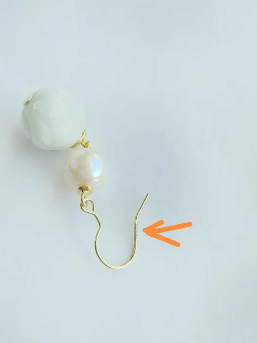 Carved Celadon Green Jade Freshwater Pearl Earrin… - image 4