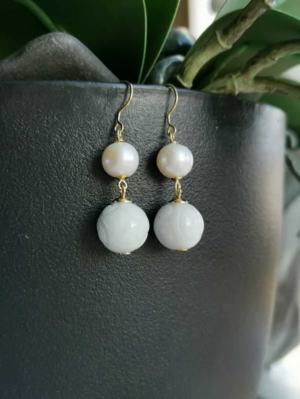 Carved Celadon Green Jade Freshwater Pearl Earrin… - image 7