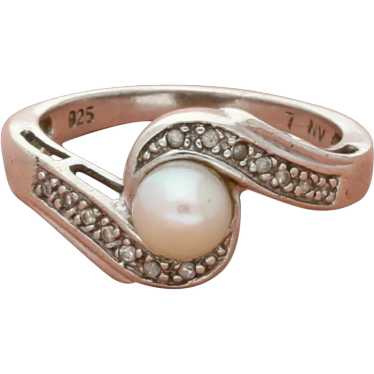 Avon Sterling Silver 5Mm Pearl & Cz Ring Size 7