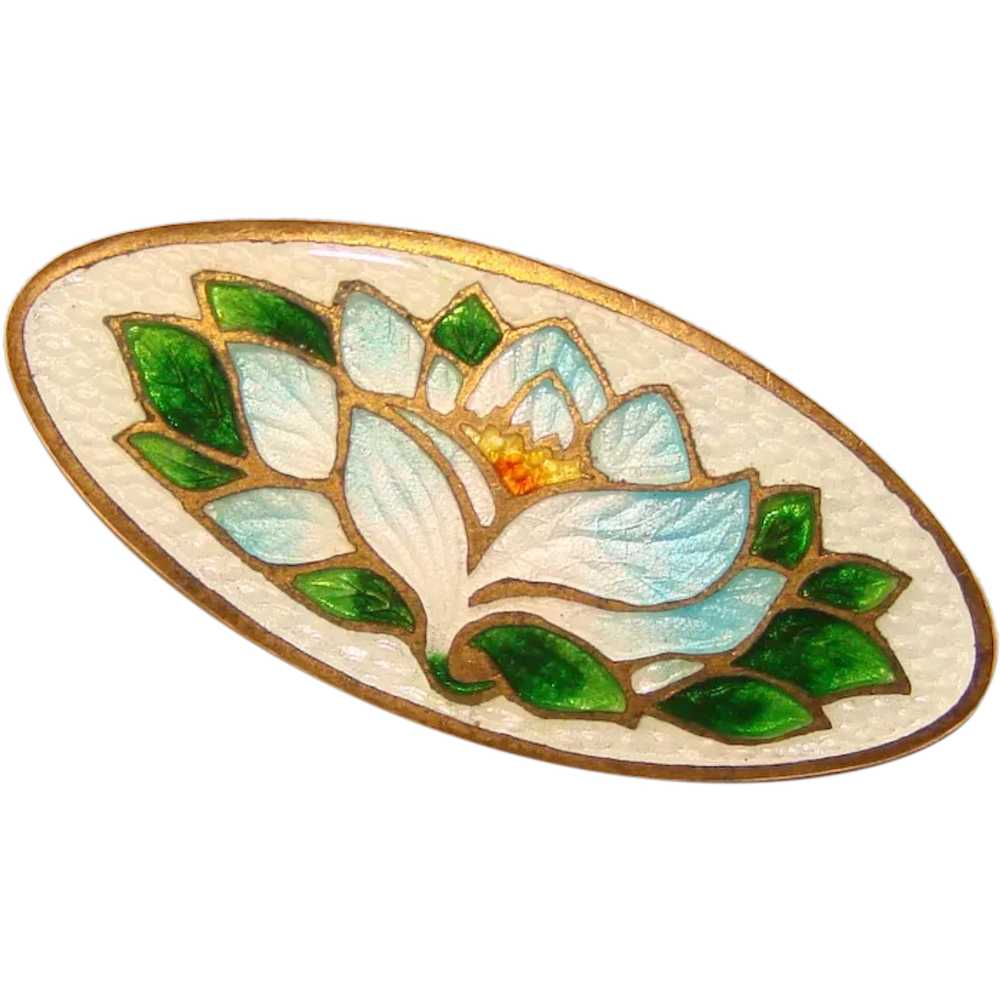 Gorgeous Antique LILY Champleve Enamel Brooch - image 1