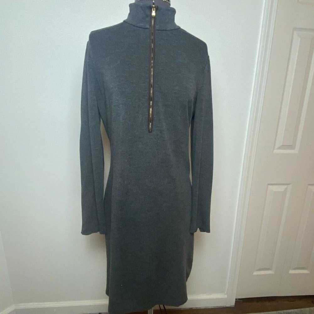 LAUREN Ralph Lauren Gray Knit Dress w/ Lamb Leath… - image 1