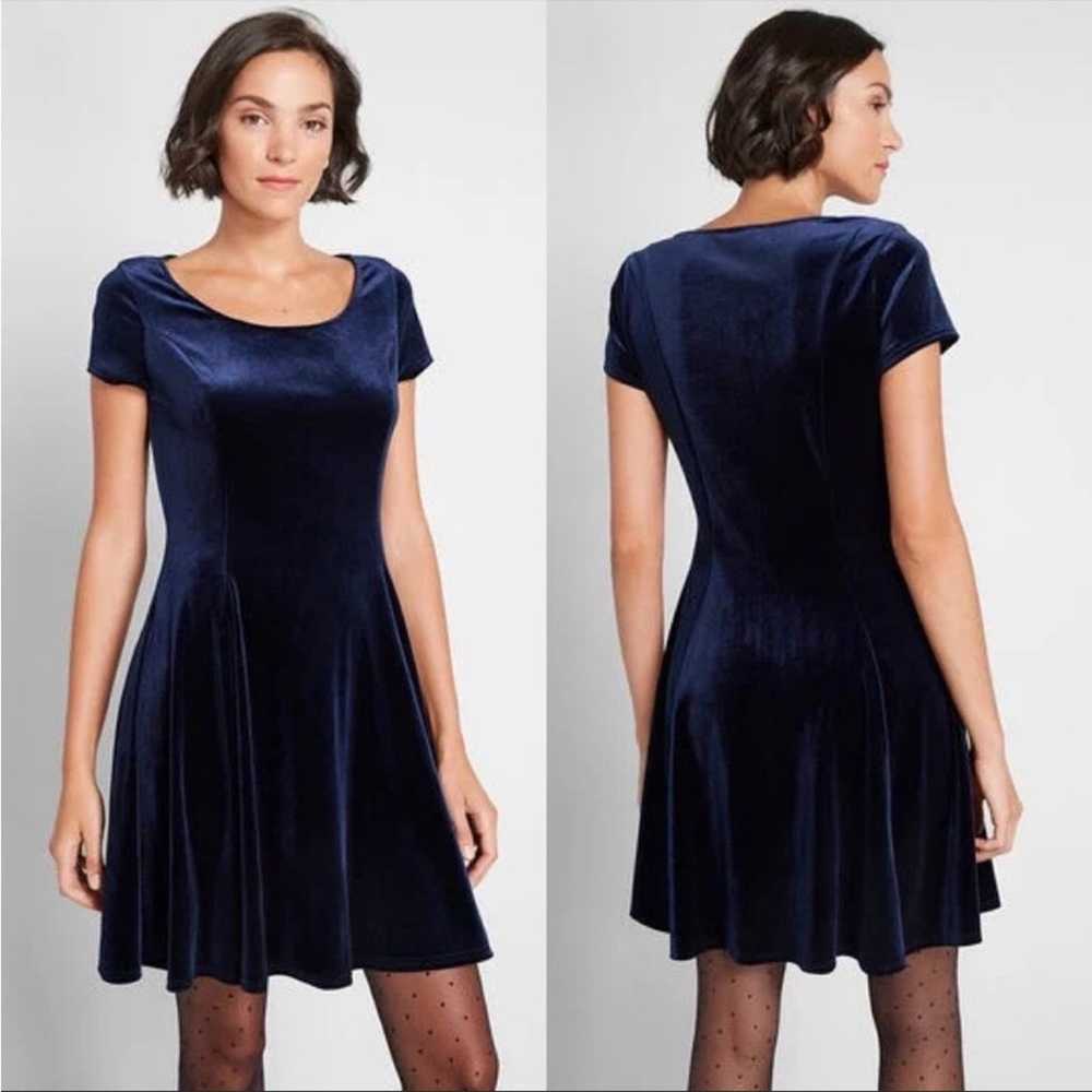 Modcloth Blue Velvet Dress Skater Style Short Sle… - image 1