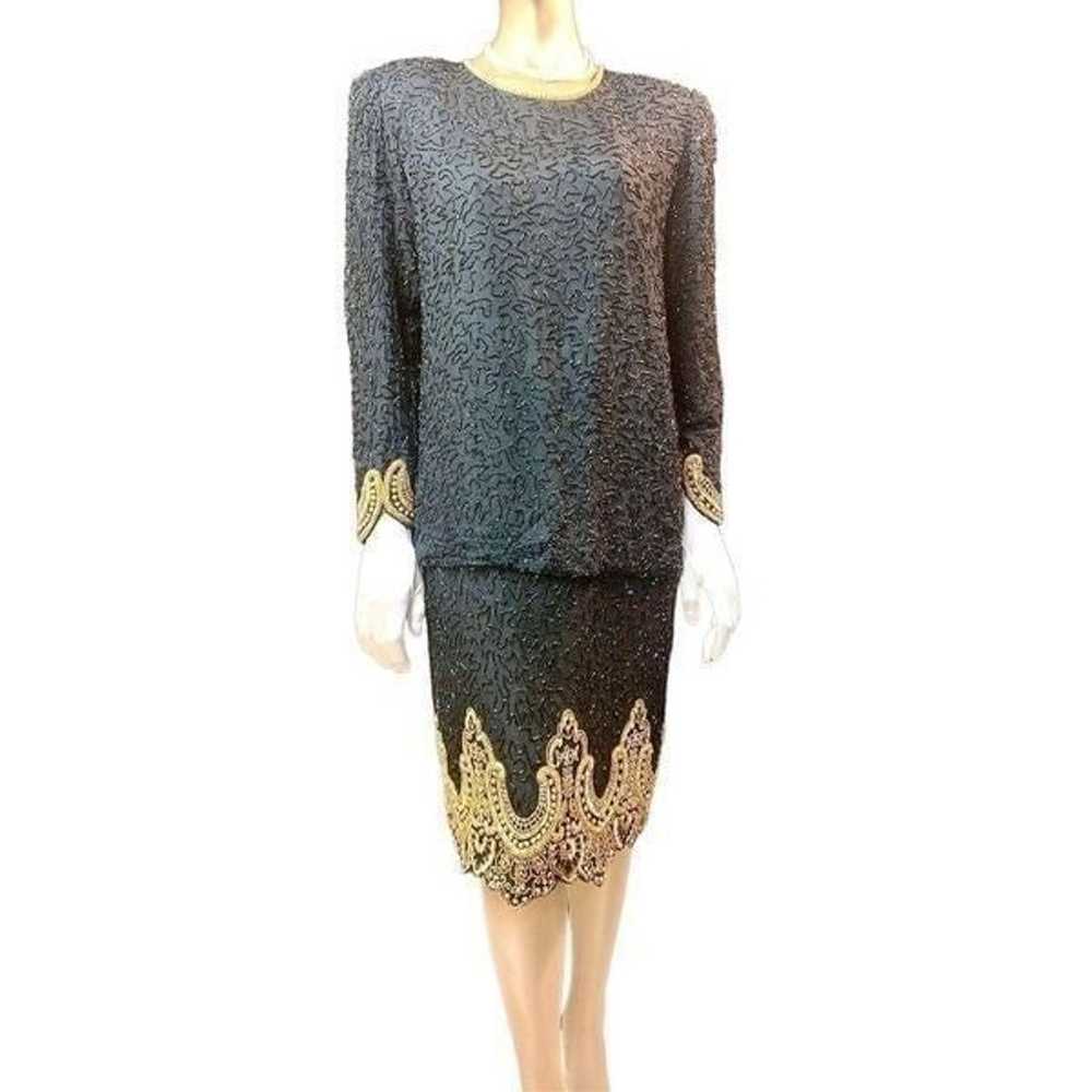 Vintage Laurence Kazar Black Beaded Silk Dress si… - image 1