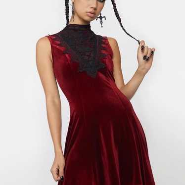 Dollskill Cranberry Velvet Hi-Low Lace Dress