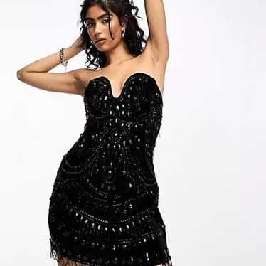 ASOS black velvet strapless embellished mini dress - image 1