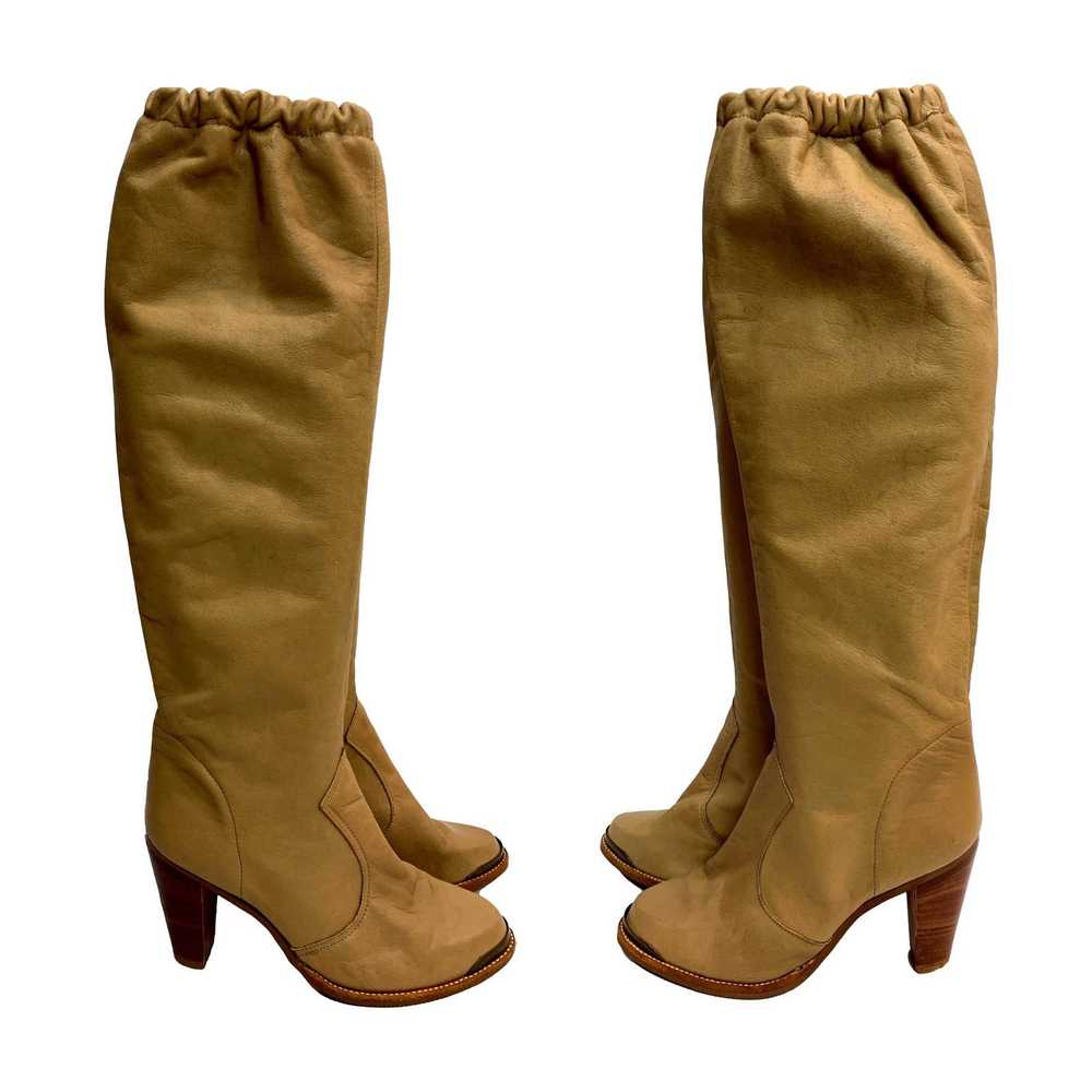 Vintage 70s Soft Camel Leather High Heeled Boots … - image 1