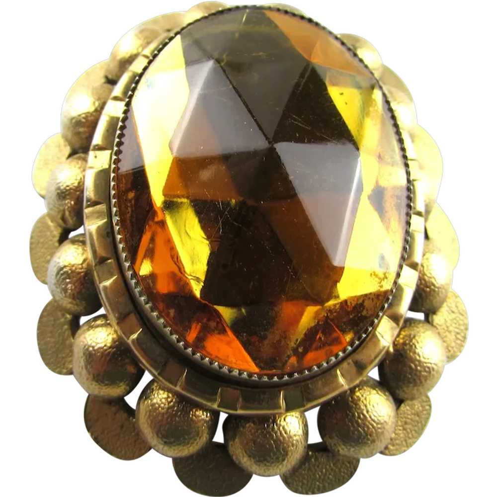 Mega Jeanne Signed Amber Crystal Pin In Gold Tone Frame