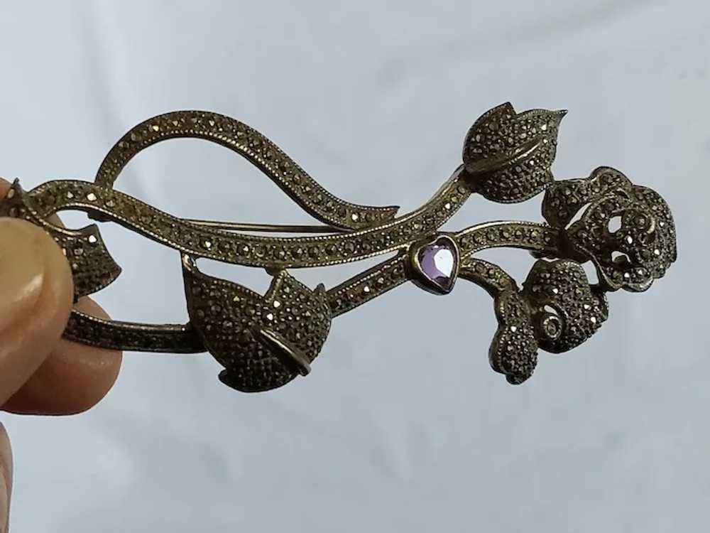 Antique Art Nouveau Sterling Silver Marcasite Bro… - image 2