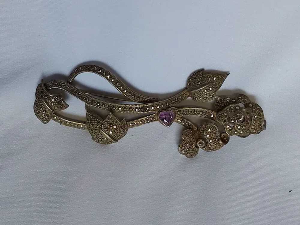 Antique Art Nouveau Sterling Silver Marcasite Bro… - image 3