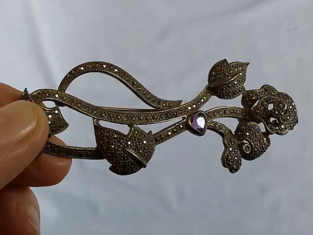 Antique Art Nouveau Sterling Silver Marcasite Bro… - image 4