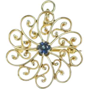 14K Vintage Ornate Sapphire Swirl Spiral Pin/Broo… - image 1