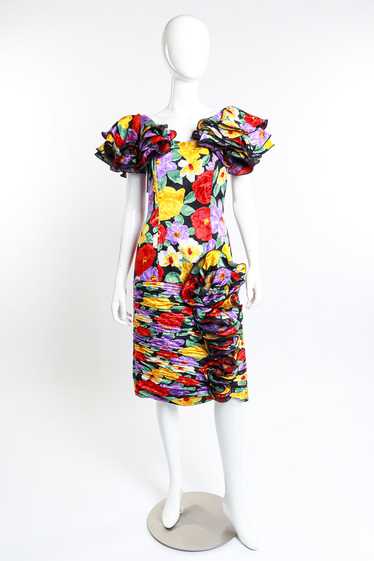 RAUL BLANCO Ruched Floral Ruffle Dress