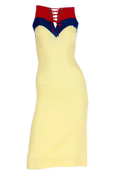 1950s Oleg Cassini Yellow Linen Dress W Red & Gree