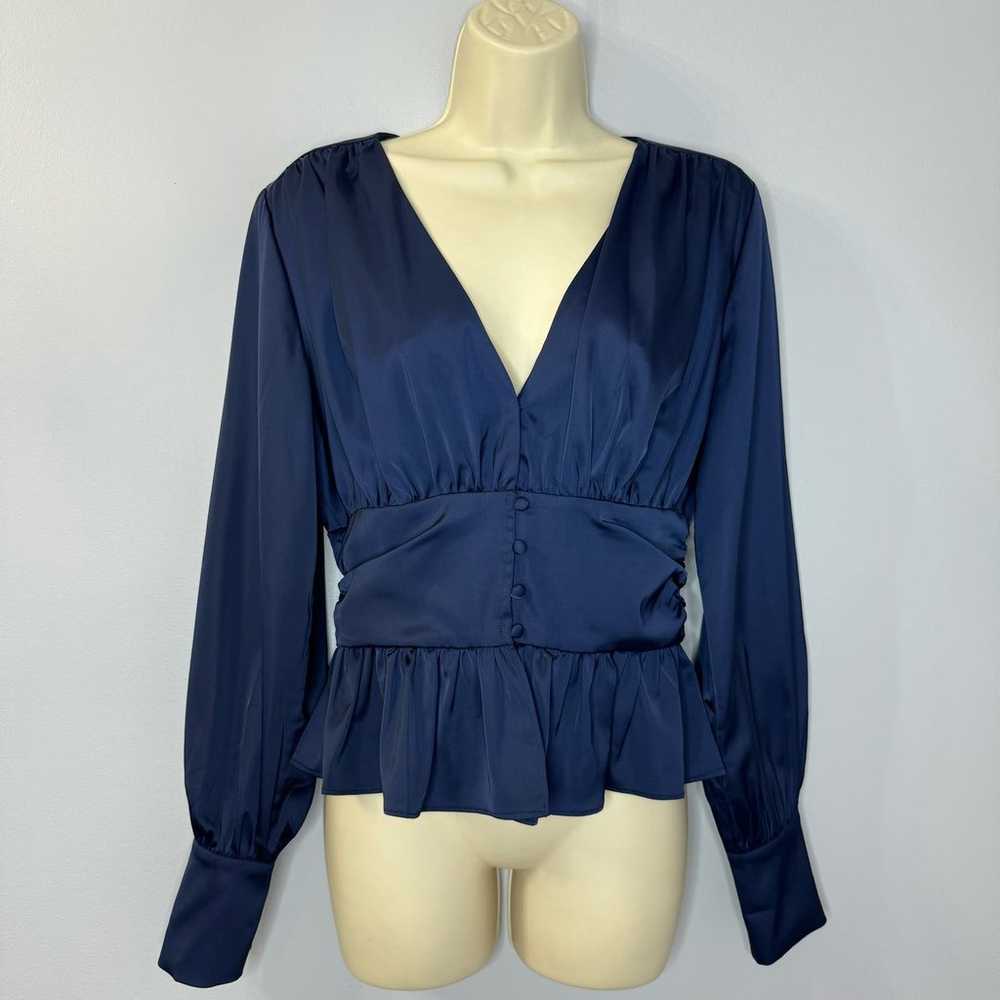 Jason Wu Navy Satin Front Button Babydoll Top - image 3