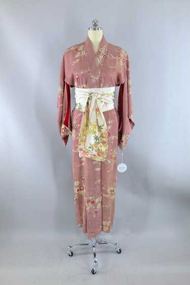 Antique 1920s Mauve Pink Silk Kimono Robe
