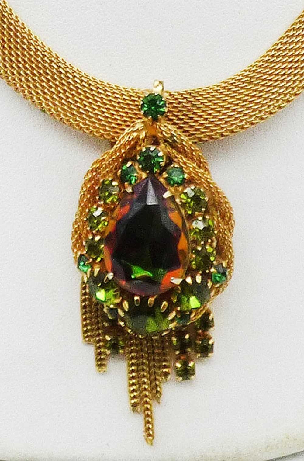 Gold Mesh Watermelon Teardrop Rhinestone Necklace - image 2